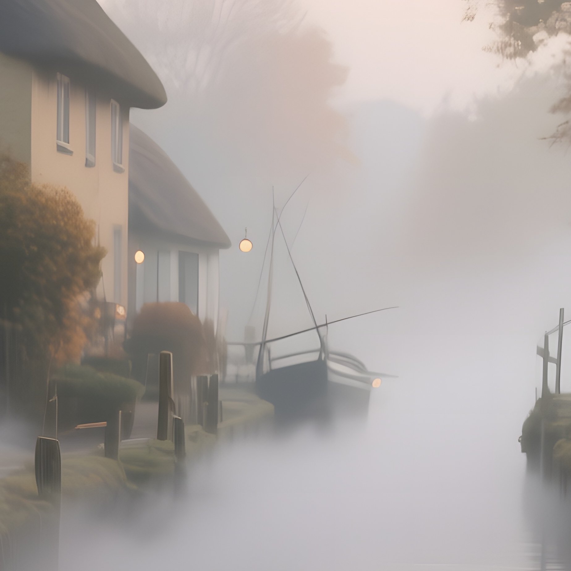 A Quiet Fishing Village In Early Autumn, Thatched Cottages Lining A Narrow Canal, Mist Rising From - Full Resolution Quality Preview