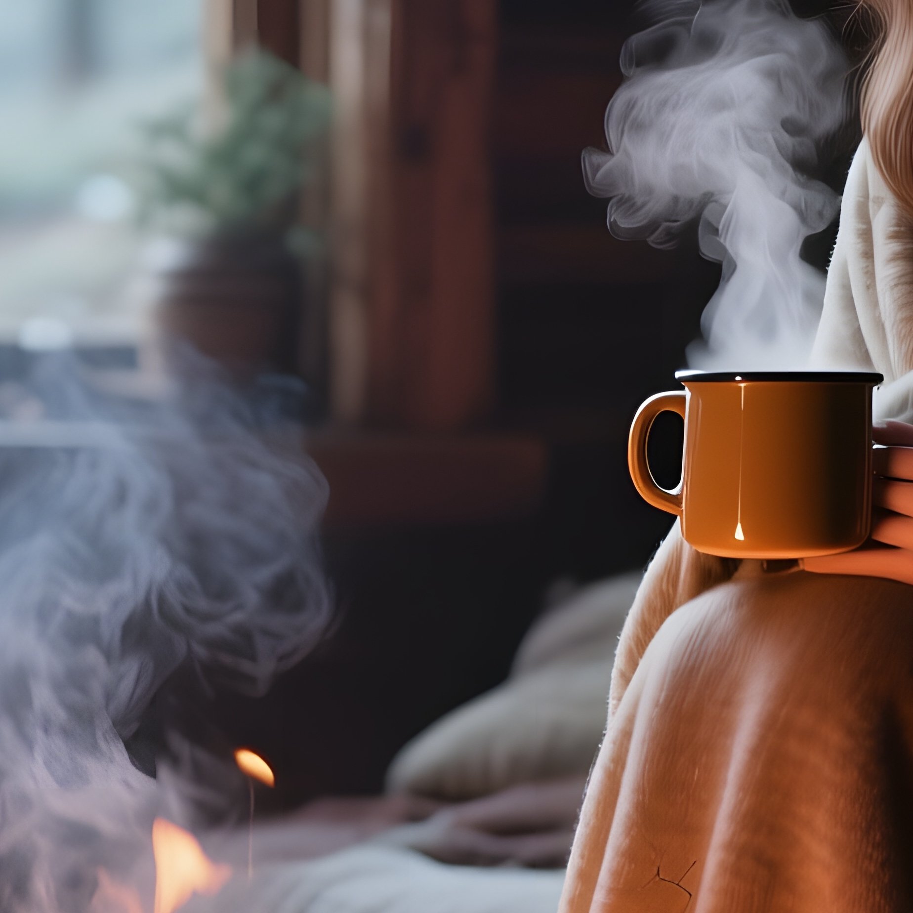 A Quiet Forest Cabin Interior Lit By A Crackling Fire, A Female Model Wrapped In A Blanket, Steam - Full Resolution Quality Preview