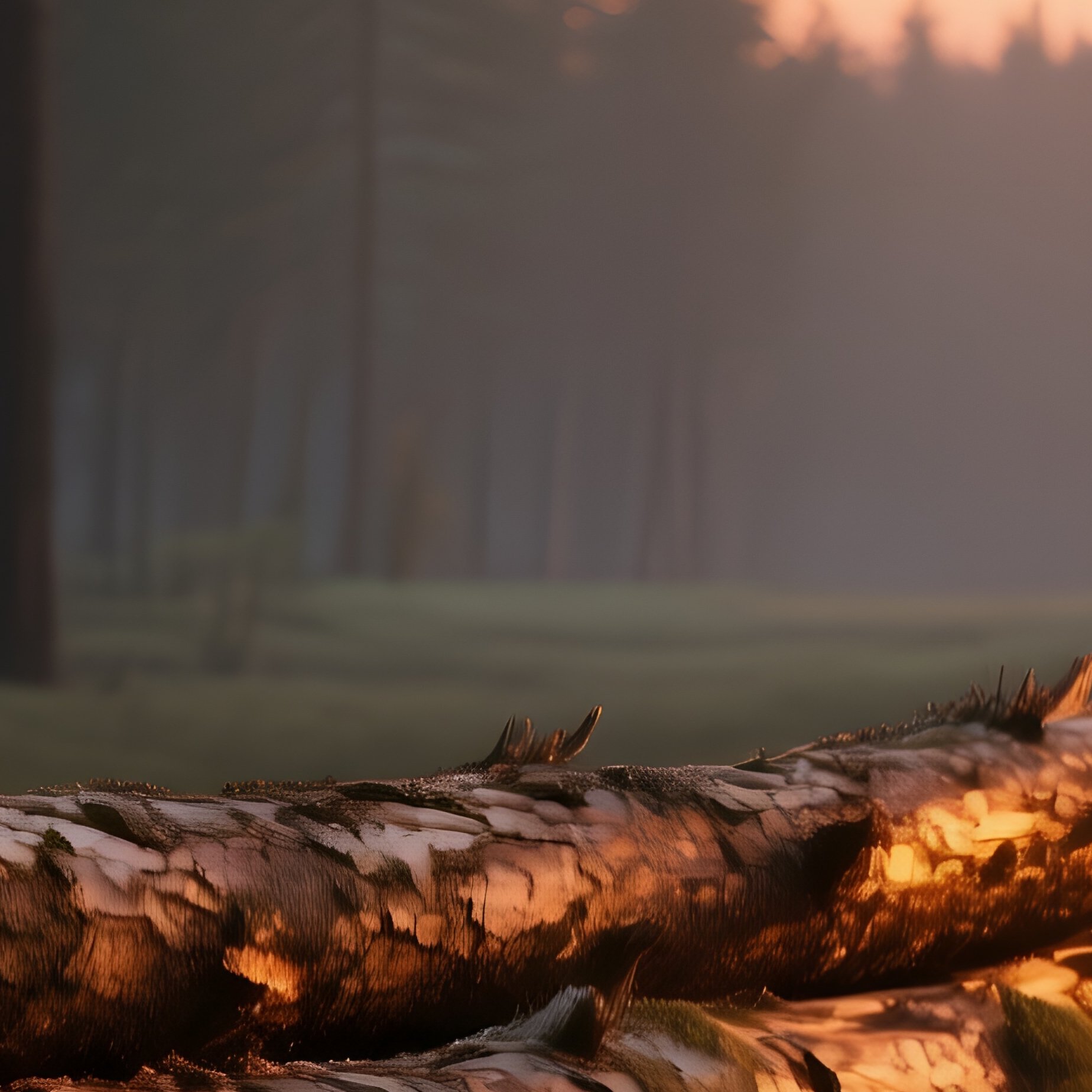A Quiet Forest Clearing At Dusk Where Fallen Pine Logs Form A Natural Bench, Their Bark Glowing - Full Resolution Quality Preview