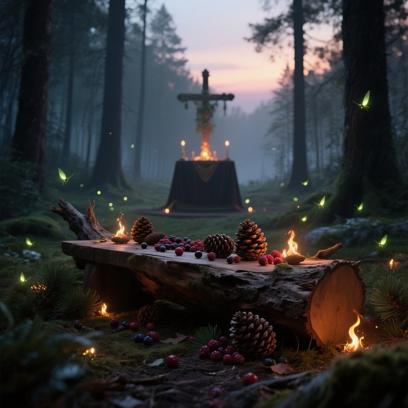 A Quiet Forest Glade Altar With A Fallen Log Turned Into A Table, Fresh Pine Cones And Berries