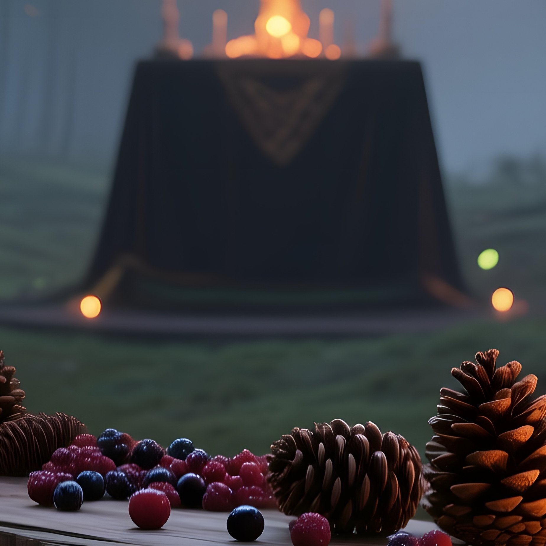 A Quiet Forest Glade Altar With A Fallen Log Turned Into A Table, Fresh Pine Cones And Berries - Full Resolution Quality Preview