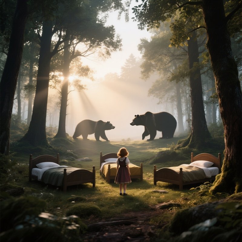 A Quiet Forest Glade At Dawn Where Goldilocks Discovers Three Beds, Sunlight Streaming Through
