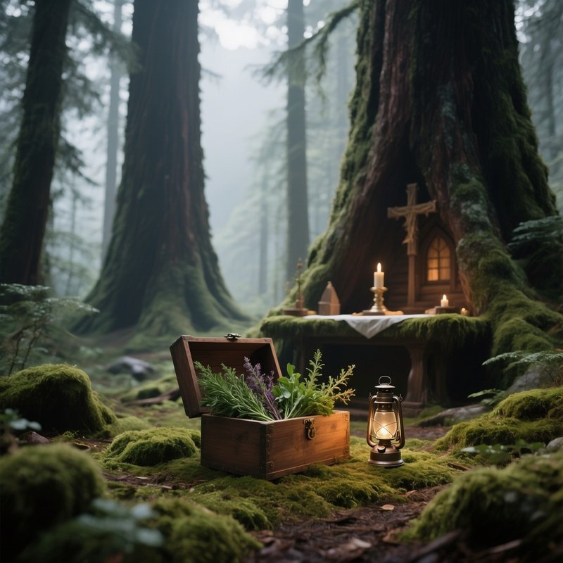 A Quiet Forest Hermitage Altar Beneath Towering Cedars, Soft Moss Underfoot, A Wooden Box Holding