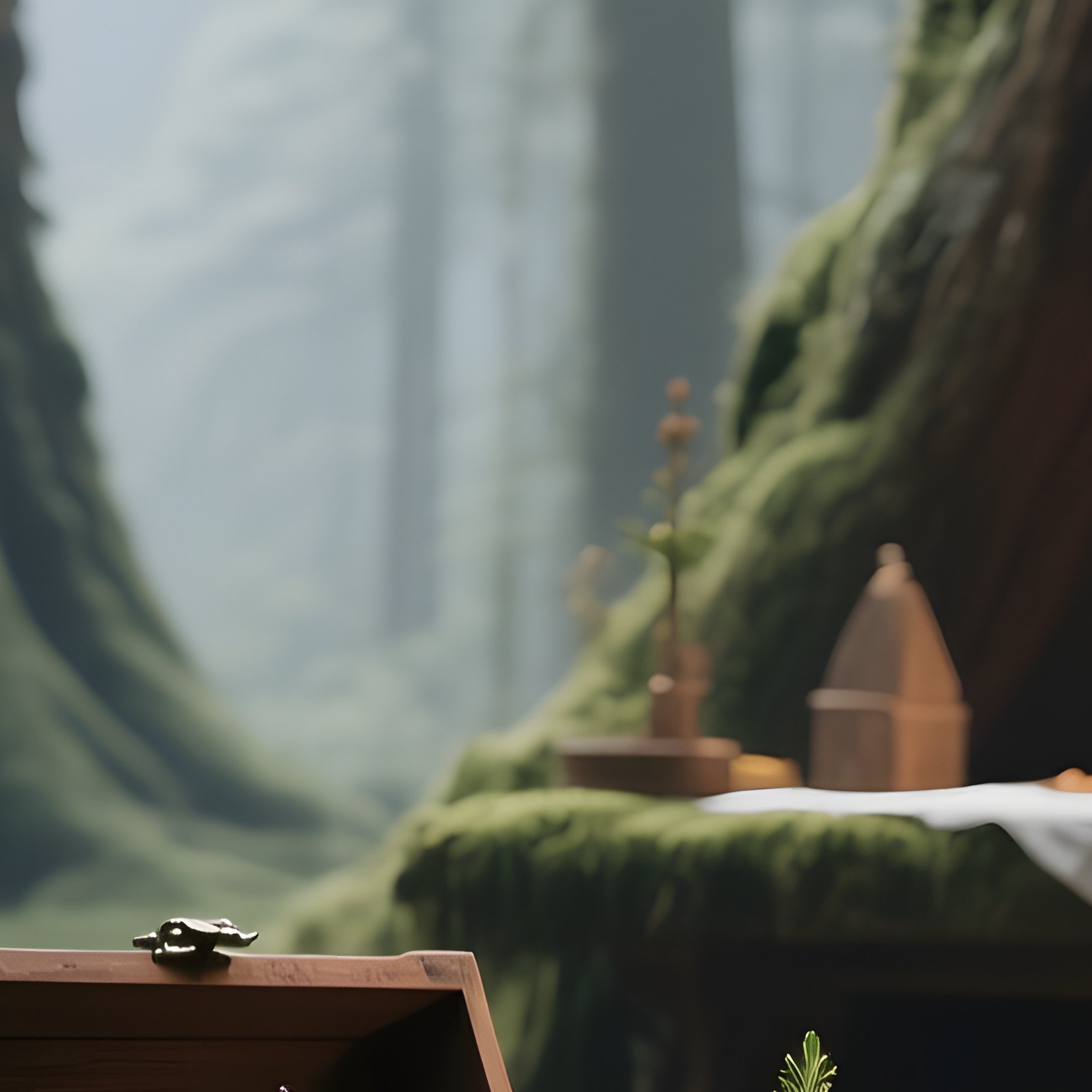 A Quiet Forest Hermitage Altar Beneath Towering Cedars, Soft Moss Underfoot, A Wooden Box Holding - Full Resolution Quality Preview