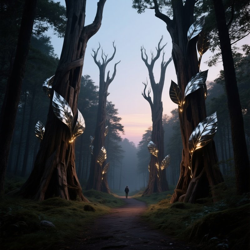 A Quiet Forest Path At Twilight, Towering Wooden Sculptures Of Ancient Trees Sprout Metallic Leaves