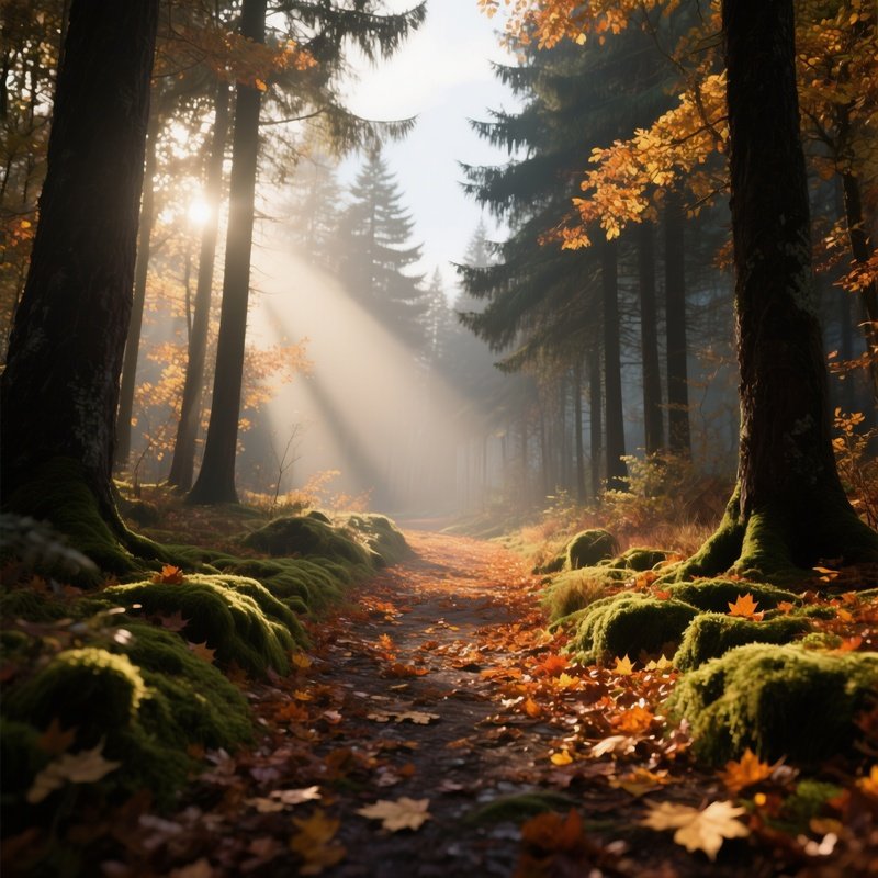 A Quiet Forest Path Covered In Autumn Leaves, Shafts Of Low Sun Filtering Through Canopy, Creating
