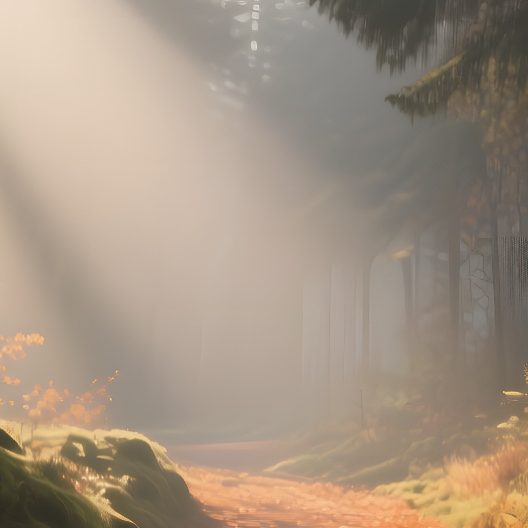A Quiet Forest Path Covered In Autumn Leaves, Shafts Of Low Sun Filtering Through Canopy, Creating - Full Resolution Quality Preview