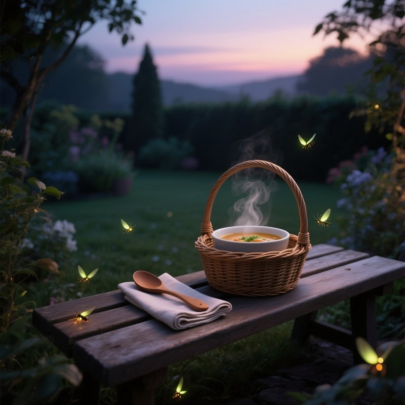 A Quiet Garden Bench At Twilight, With A Wicker Basket Holding A Steaming Bowl Of Soup, A Folded