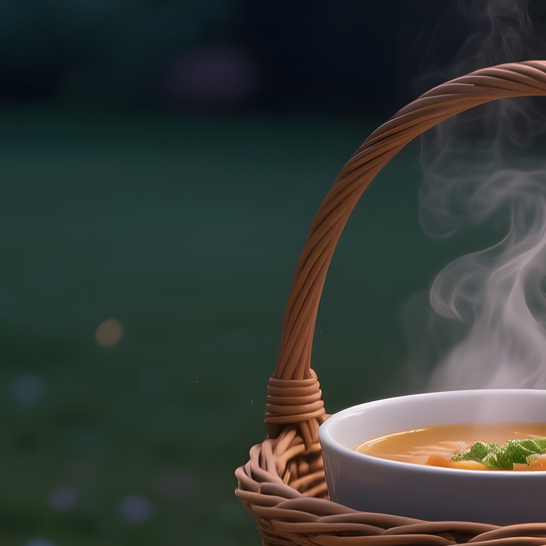 A Quiet Garden Bench At Twilight, With A Wicker Basket Holding A Steaming Bowl Of Soup, A Folded - Full Resolution Quality Preview