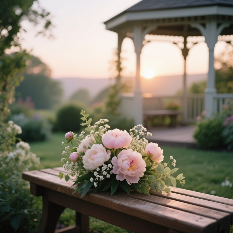 A Quiet Garden Gazebo At Sunrise, Where A Wooden Bench Holds A Delicate Arrangement Of Pastel