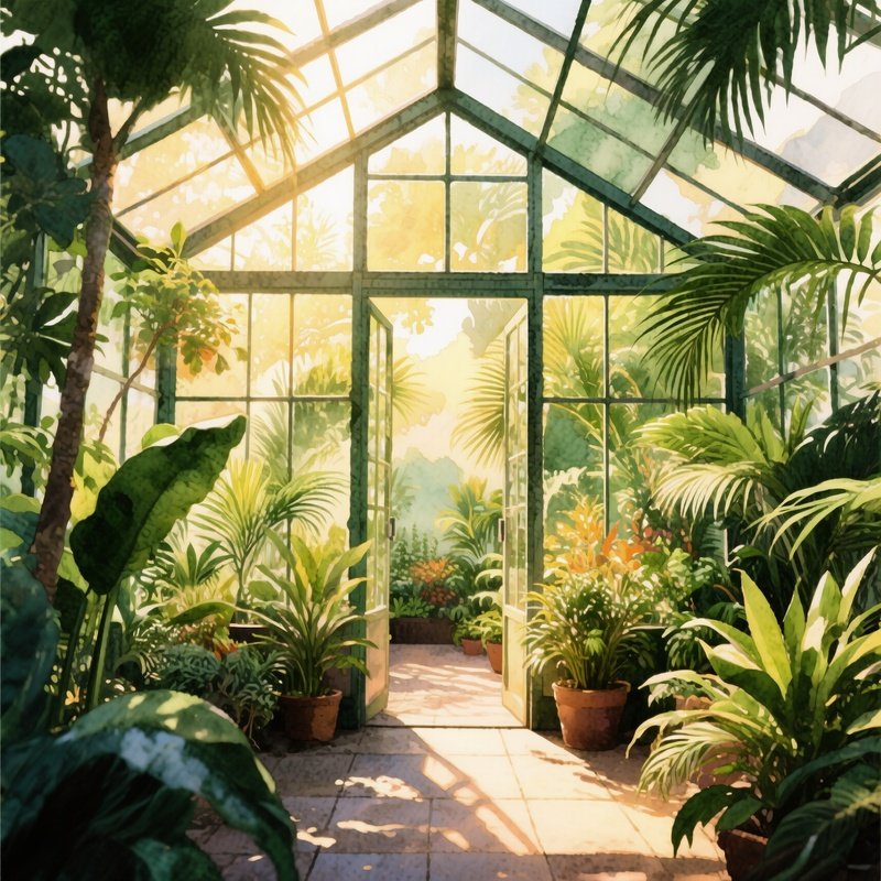 A Quiet Garden Greenhouse Filled With Tropical Plants, Sunlight Streaming Through Glass Panes,