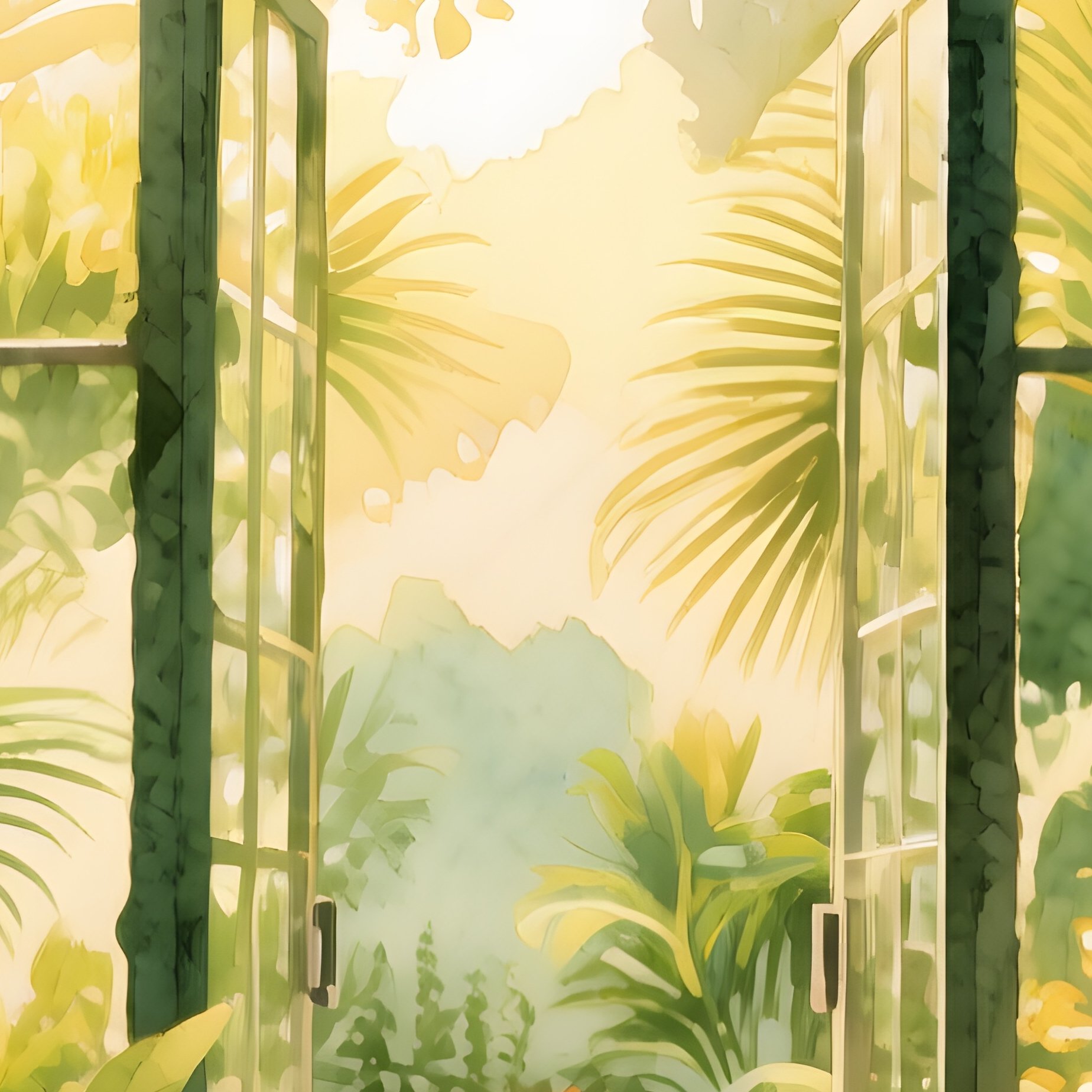 A Quiet Garden Greenhouse Filled With Tropical Plants, Sunlight Streaming Through Glass Panes, - Full Resolution Quality Preview