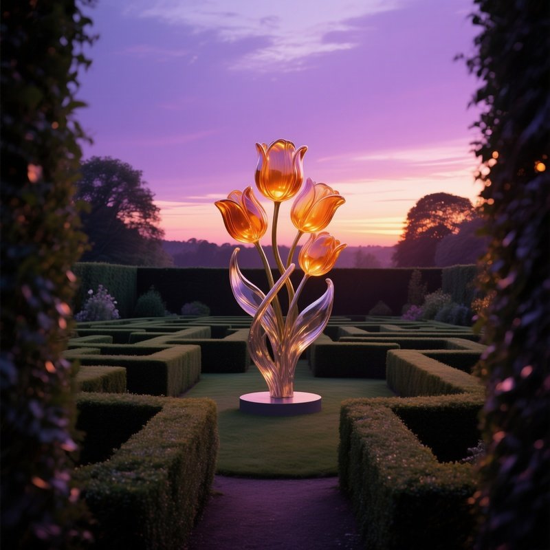 A Quiet Garden Maze At Sunset, Hedges Opening Onto A Clearing Where A Central Sculpture Of