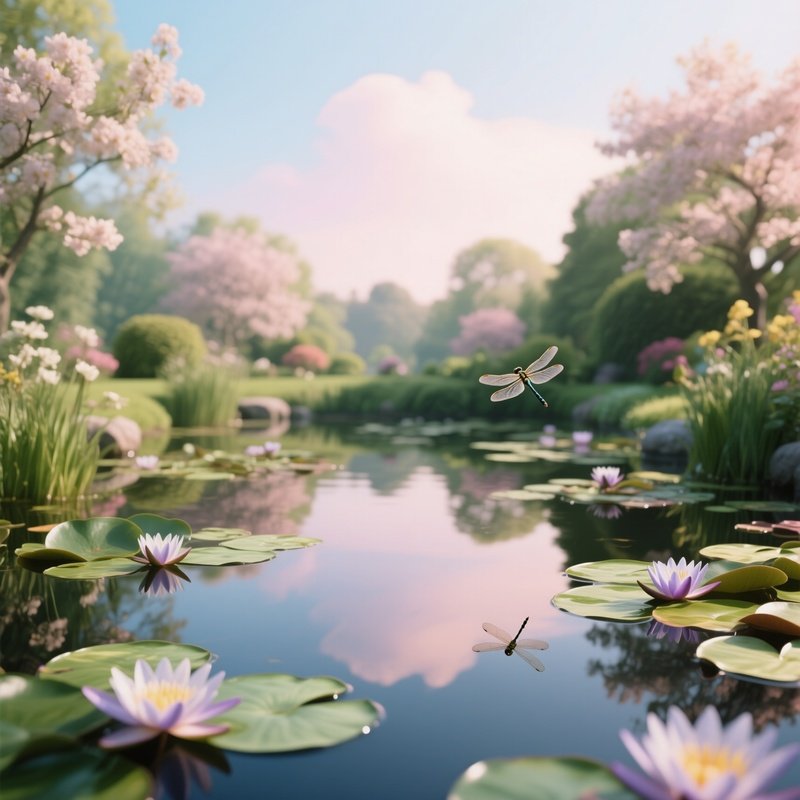 A Quiet Garden Pond In Late Spring, Lily Pads Blooming, Dragonflies Hovering, Soft Pastel Sky