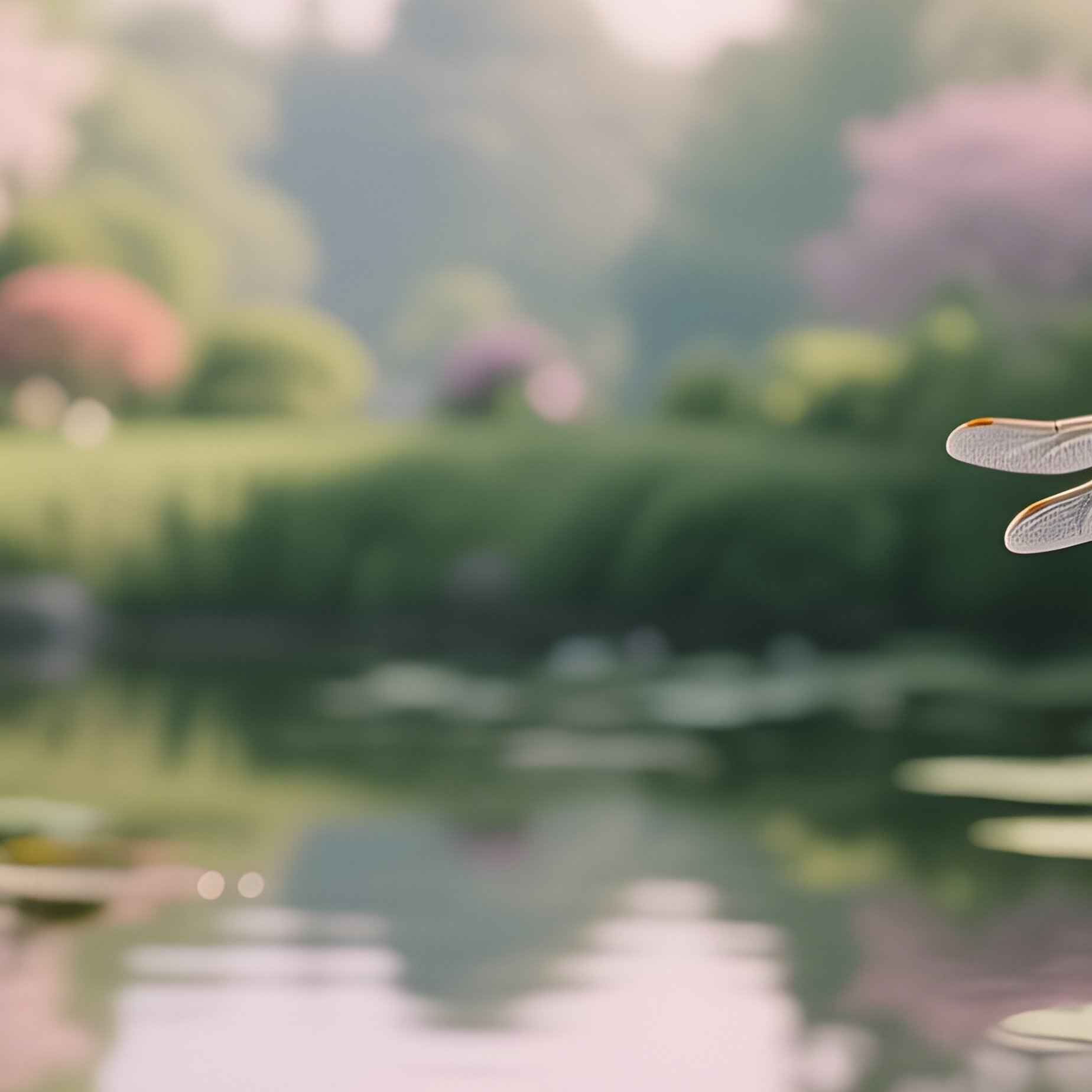 A Quiet Garden Pond In Late Spring, Lily Pads Blooming, Dragonflies Hovering, Soft Pastel Sky - Full Resolution Quality Preview