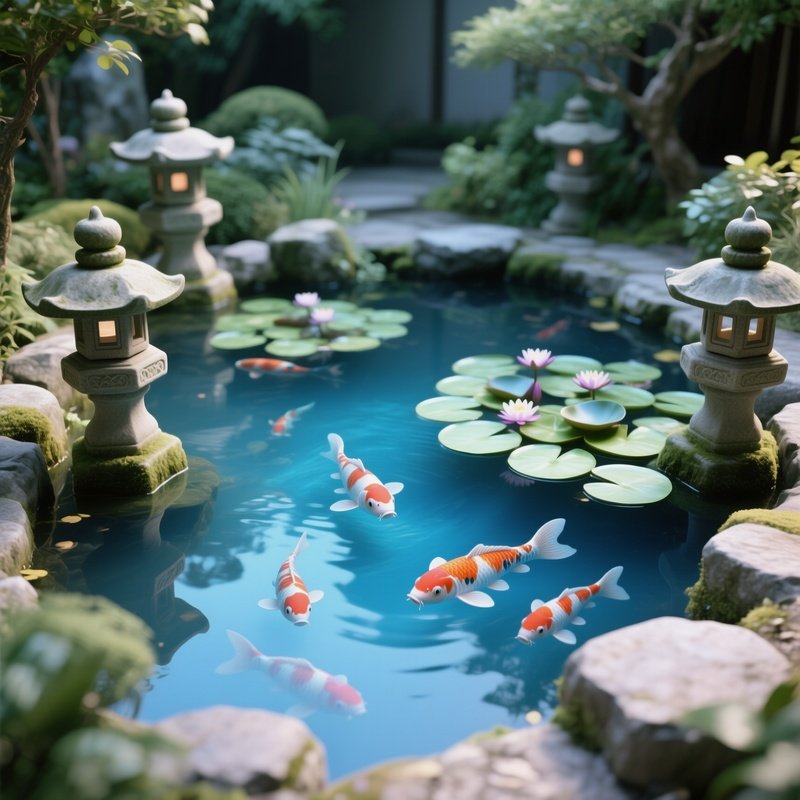 A Quiet Garden Pond Surrounded By Stone Lanterns, Koi Fish Swimming Beneath Water Rendered In