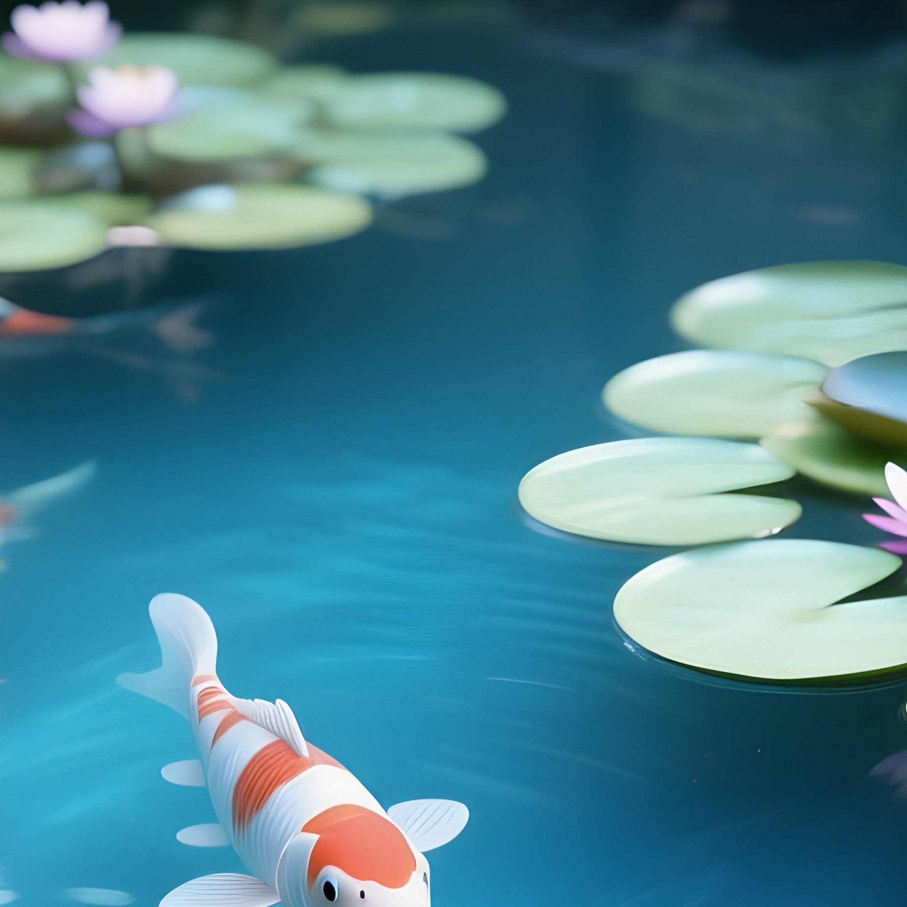 A Quiet Garden Pond Surrounded By Stone Lanterns, Koi Fish Swimming Beneath Water Rendered In - Full Resolution Quality Preview