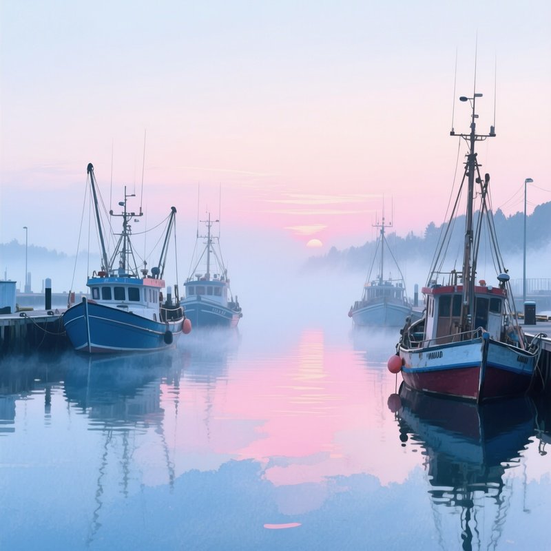 A Quiet Harbor At Dawn With Fishing Boats Docked, Mist Rising From Water, Watercolor Muted Blues