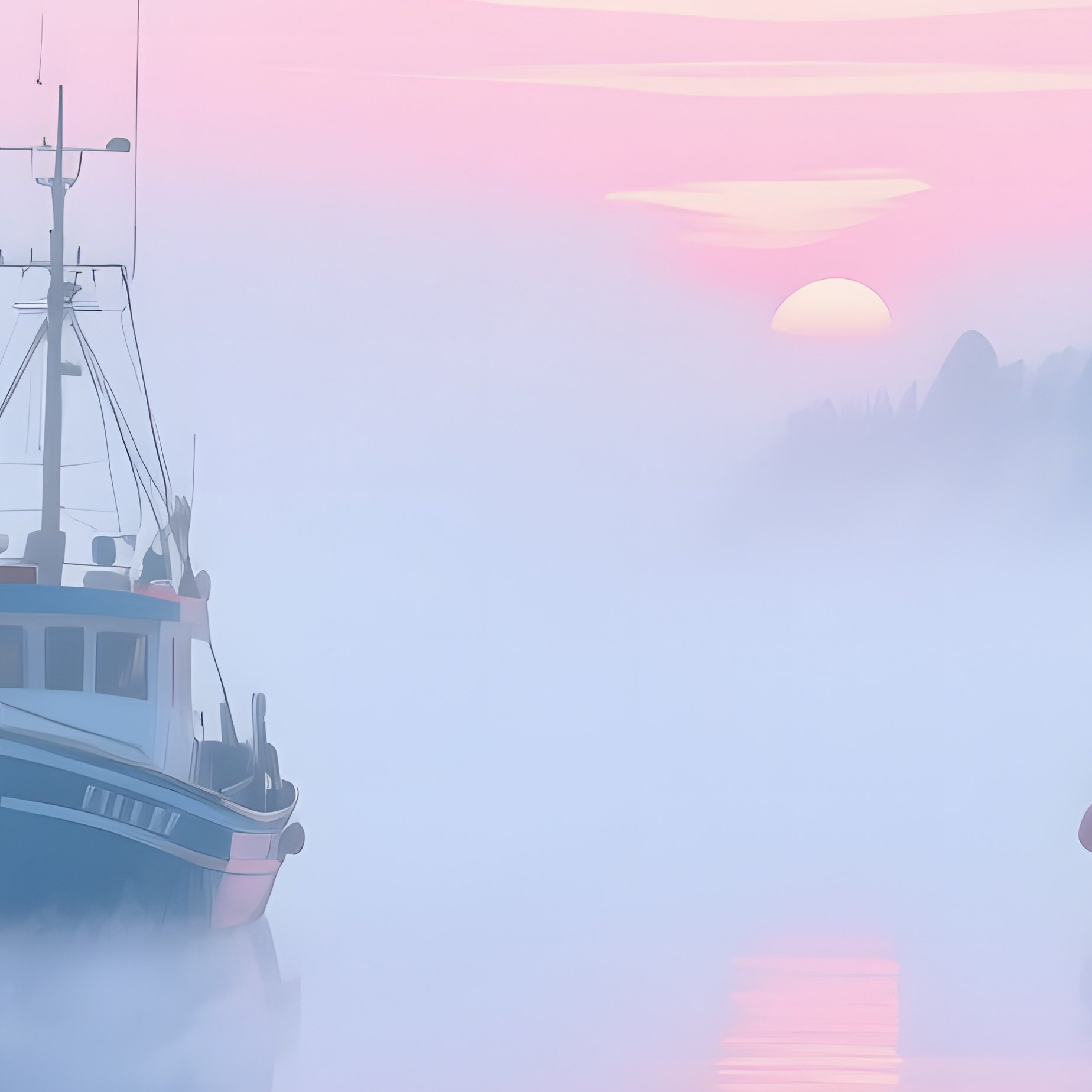 A Quiet Harbor At Dawn With Fishing Boats Docked, Mist Rising From Water, Watercolor Muted Blues - Full Resolution Quality Preview