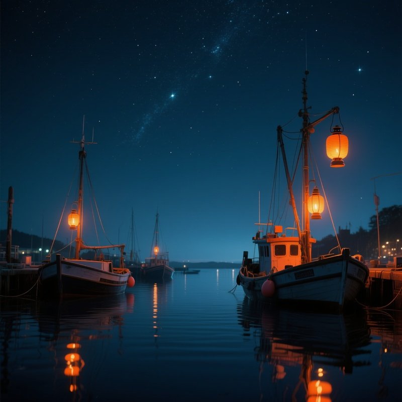 A Quiet Harbor At Night, Fishing Boats Bobbing Gently, Lanterns Hanging From Masts Emitting Warm