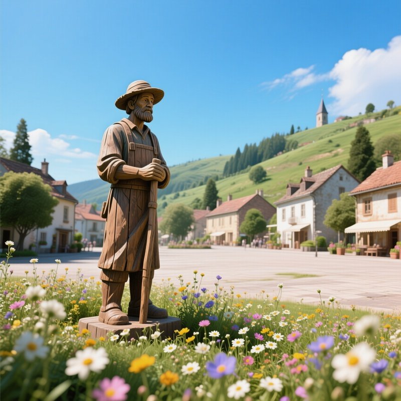 A Quiet Hillside Village Square Featuring A Rustic Wooden Statue Of A Farmer, Surrounded By