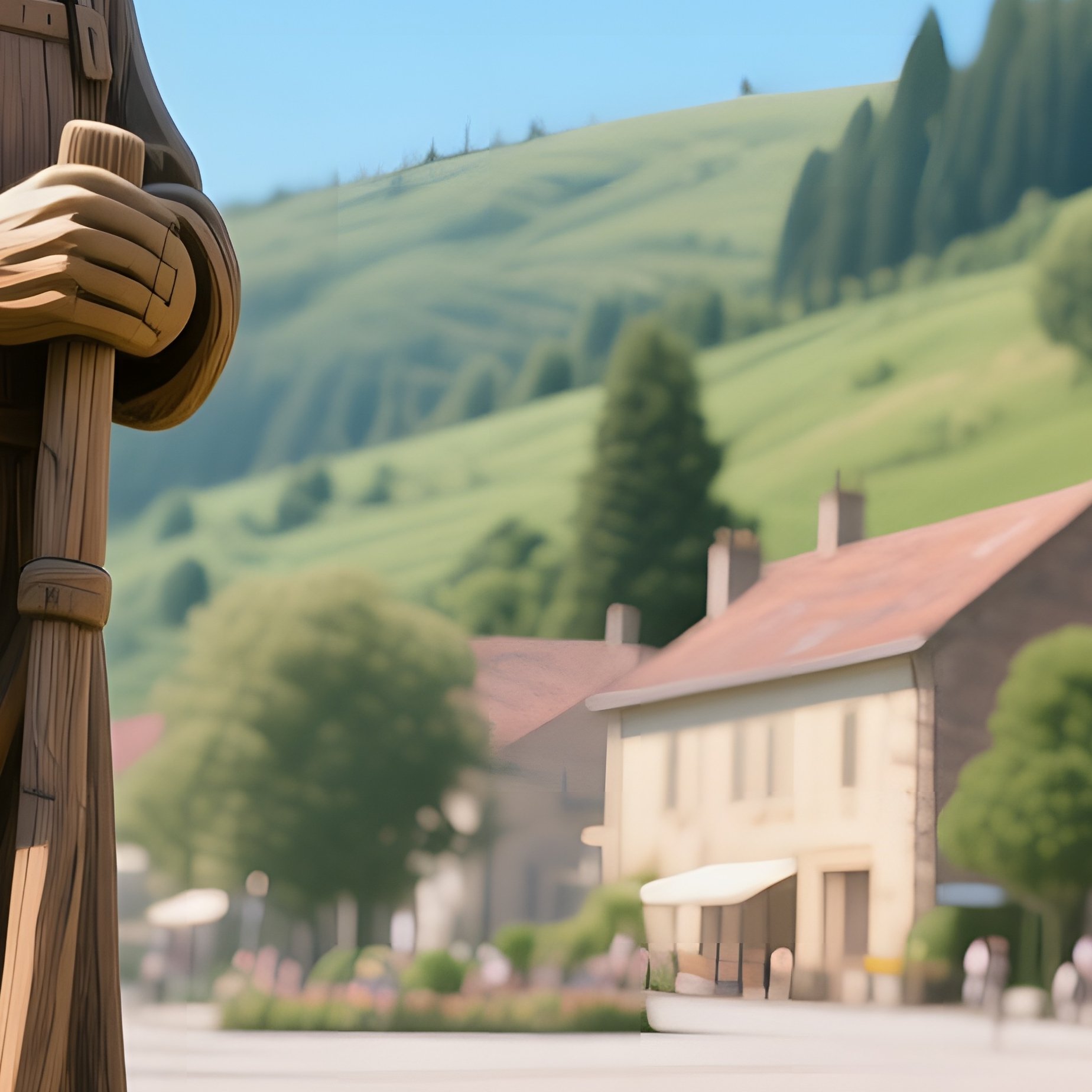 A Quiet Hillside Village Square Featuring A Rustic Wooden Statue Of A Farmer, Surrounded By - Full Resolution Quality Preview