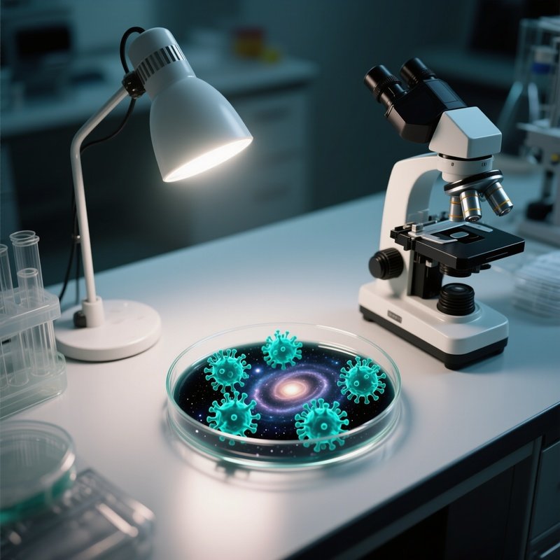 A Quiet Laboratory Bench Illuminated By A Single Led Lamp, Where A Petri Dish Contains A Swirling