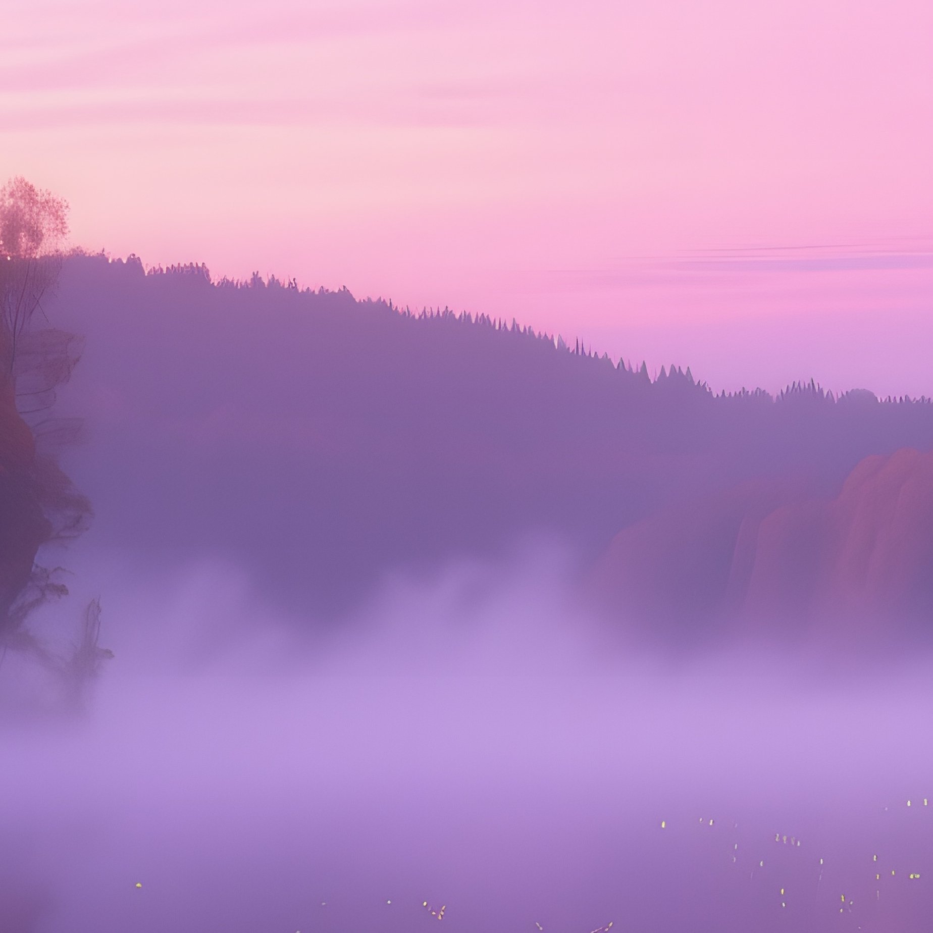 A Quiet Lake At Twilight In Early Autumn, Mist Rising From Water, Fireflies Dancing, Soft Purple - Full Resolution Quality Preview