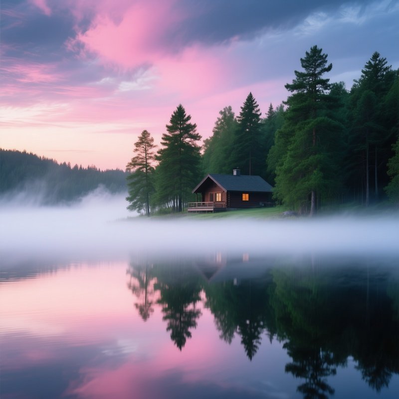 A Quiet Lakeside Cabin At Sunrise, Mist Rolling Over The Water In Thick White Strokes, Pine Trees