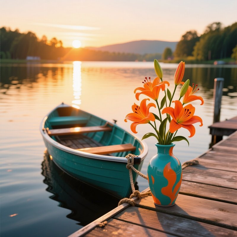 A Quiet Lakeside Dock At Golden Hour, A Rowboat Tied To The Pier Carries A Vase Of Pop‑Art Lilies
