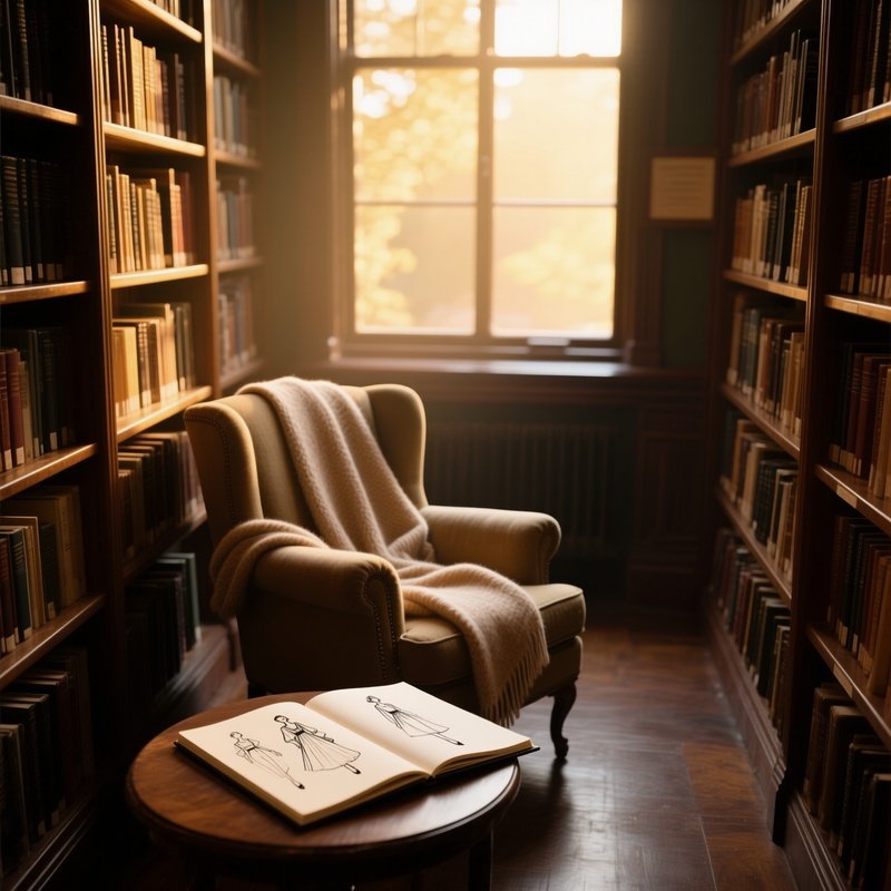 A Quiet Library Alcove Bathed In Golden Late‑Afternoon Light, Towering Bookshelves, A Plush