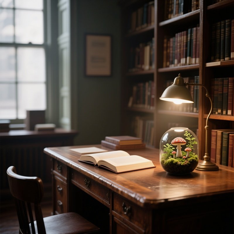 A Quiet Library Alcove With A Vintage Wooden Desk, An Open Book Beside A Small Terrarium Housing A