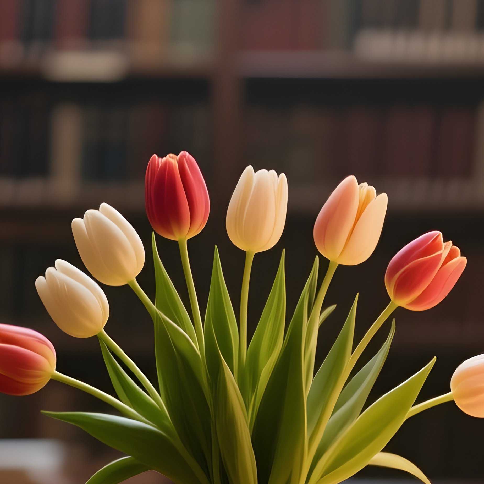 A Quiet Library Alcove With Towering Bookshelves, A Vase Of Fresh Cut Tulips On A Reading Table, - Full Resolution Quality Preview