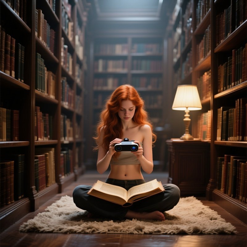 A Quiet Library Alcove With Towering Bookshelves, A Scholarly Beauty With Flowing Auburn Locks Sits