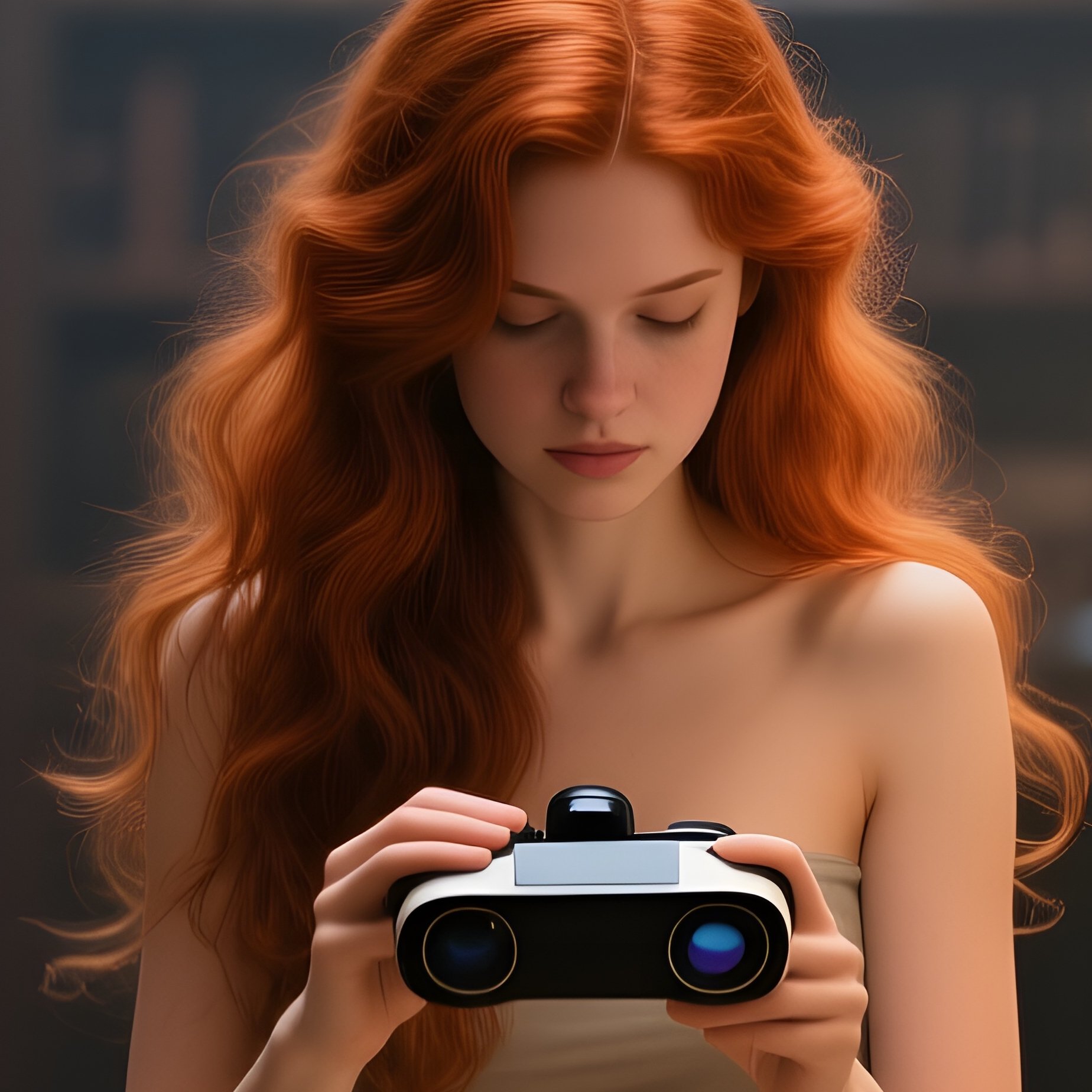 A Quiet Library Alcove With Towering Bookshelves, A Scholarly Beauty With Flowing Auburn Locks Sits - Full Resolution Quality Preview