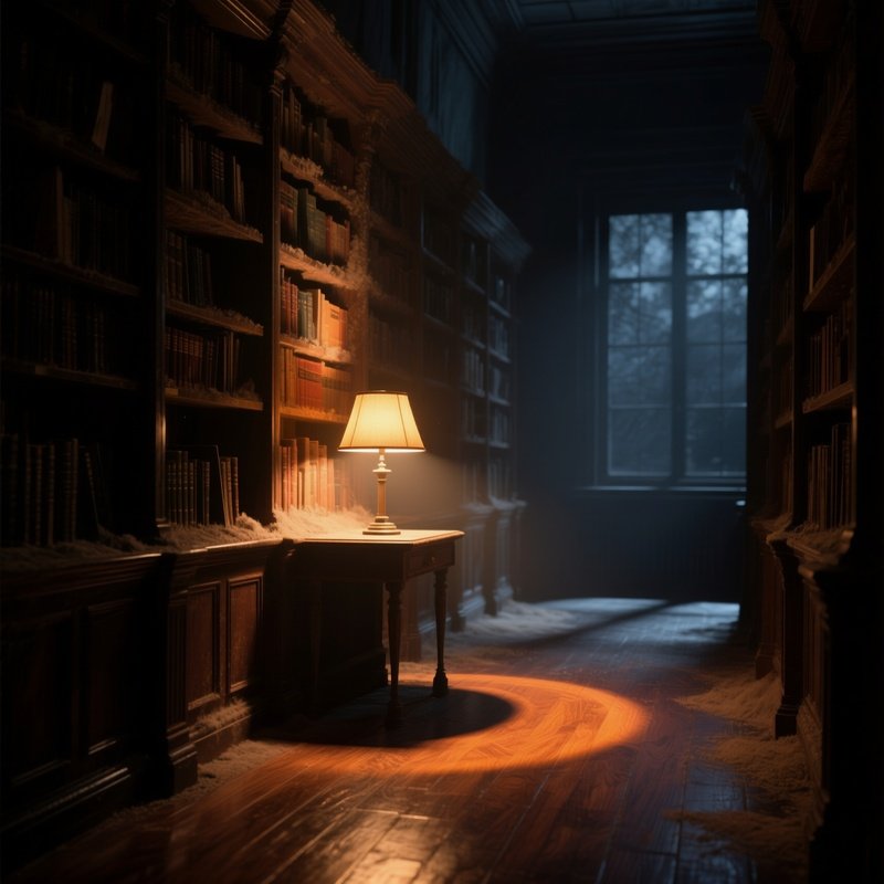 A Quiet Library At Night, Where Dust Covered Bookshelves Are Illuminated By A Single Desk Lamp