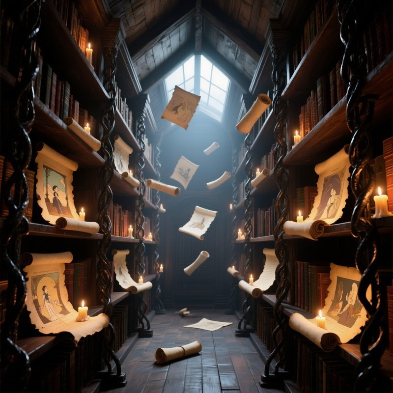 A Quiet Library Attic With Towering Bookshelves Made Of Twisted Iron, Each Shelf Holding Levitating