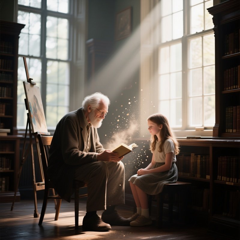 A Quiet Library Corner Where An Elderly Artist Reads Poetry To His Granddaughter, Dust Motes