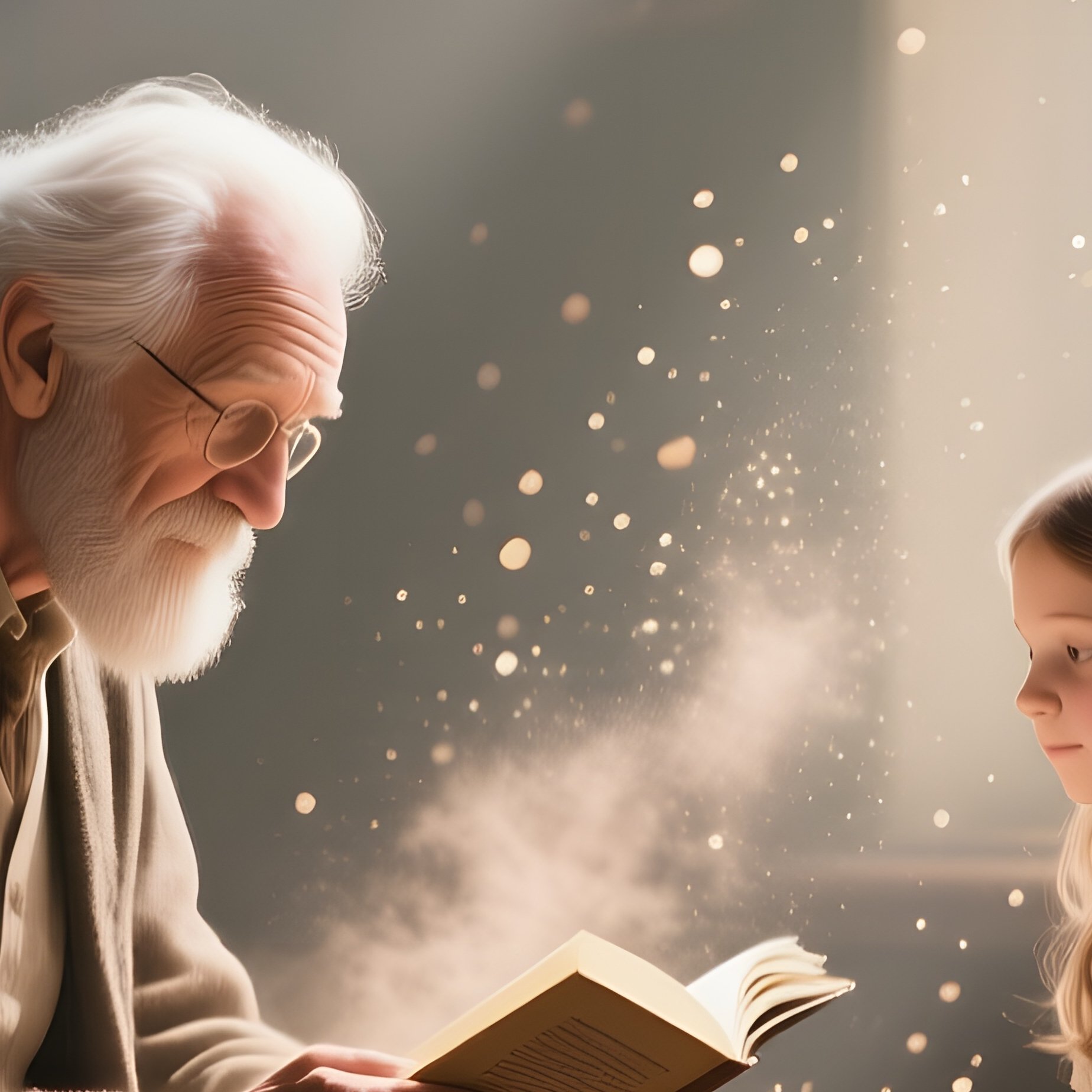 A Quiet Library Corner Where An Elderly Artist Reads Poetry To His Granddaughter, Dust Motes - Full Resolution Quality Preview