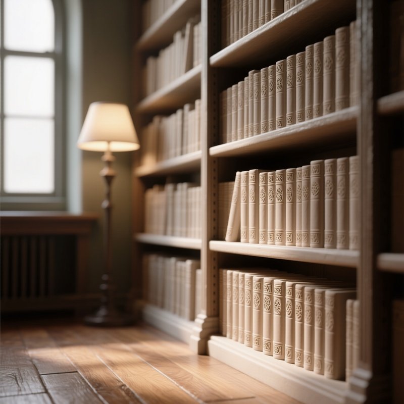A Quiet Library Corner Where The Shelves Are Made Of Delicate Clay Books, Each Spine Detailed With
