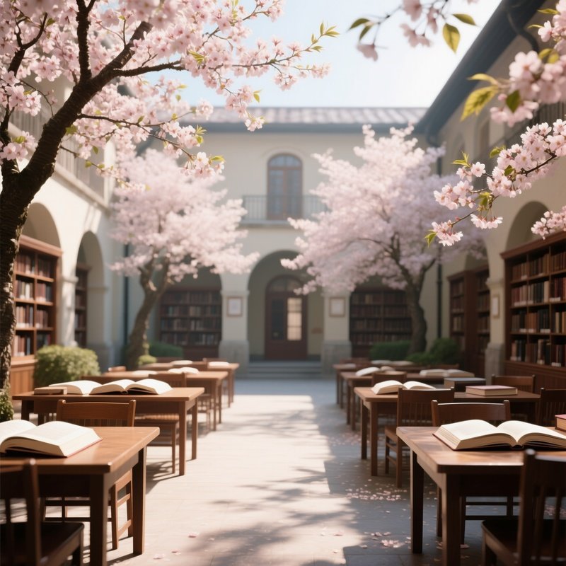 A Quiet Library Courtyard In Spring, Cherry Trees In Blossom, Open Books On Tables, Gentle Sun