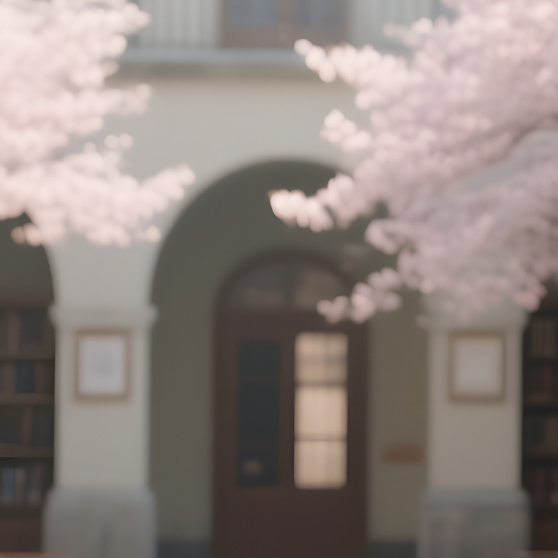 A Quiet Library Courtyard In Spring, Cherry Trees In Blossom, Open Books On Tables, Gentle Sun - Full Resolution Quality Preview