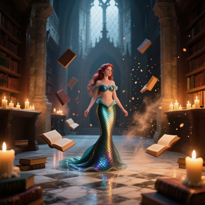 A Quiet Library In An Ancient Castle Illuminated By Candlelight, The Little Mermaid’S Scales