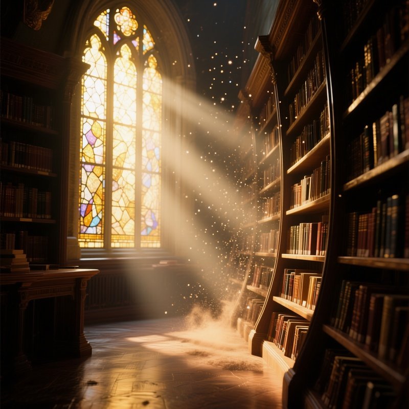 A Quiet Library Interior Lit By Shafts Of Golden Sunlight Through Stained Glass, Bookshelves