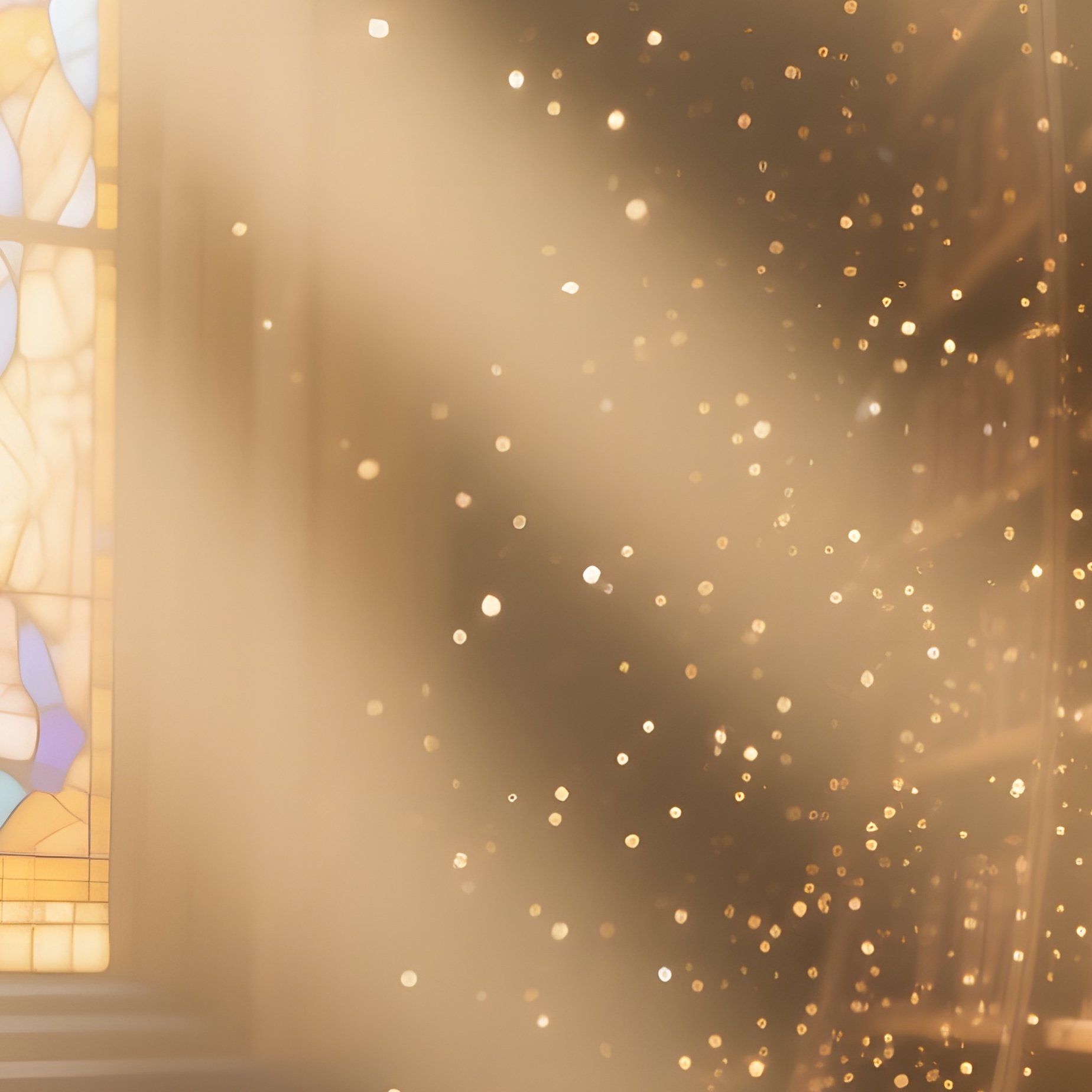 A Quiet Library Interior Lit By Shafts Of Golden Sunlight Through Stained Glass, Bookshelves - Full Resolution Quality Preview