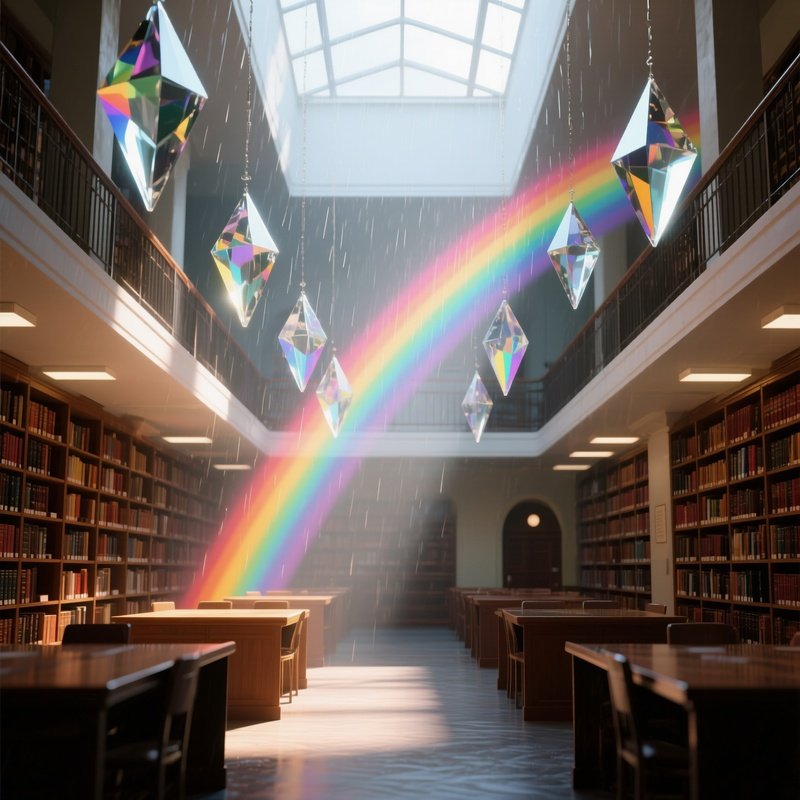 A Quiet Library Mezzanine Where A Series Of Suspended Glass Prisms Refract Natural Light Into