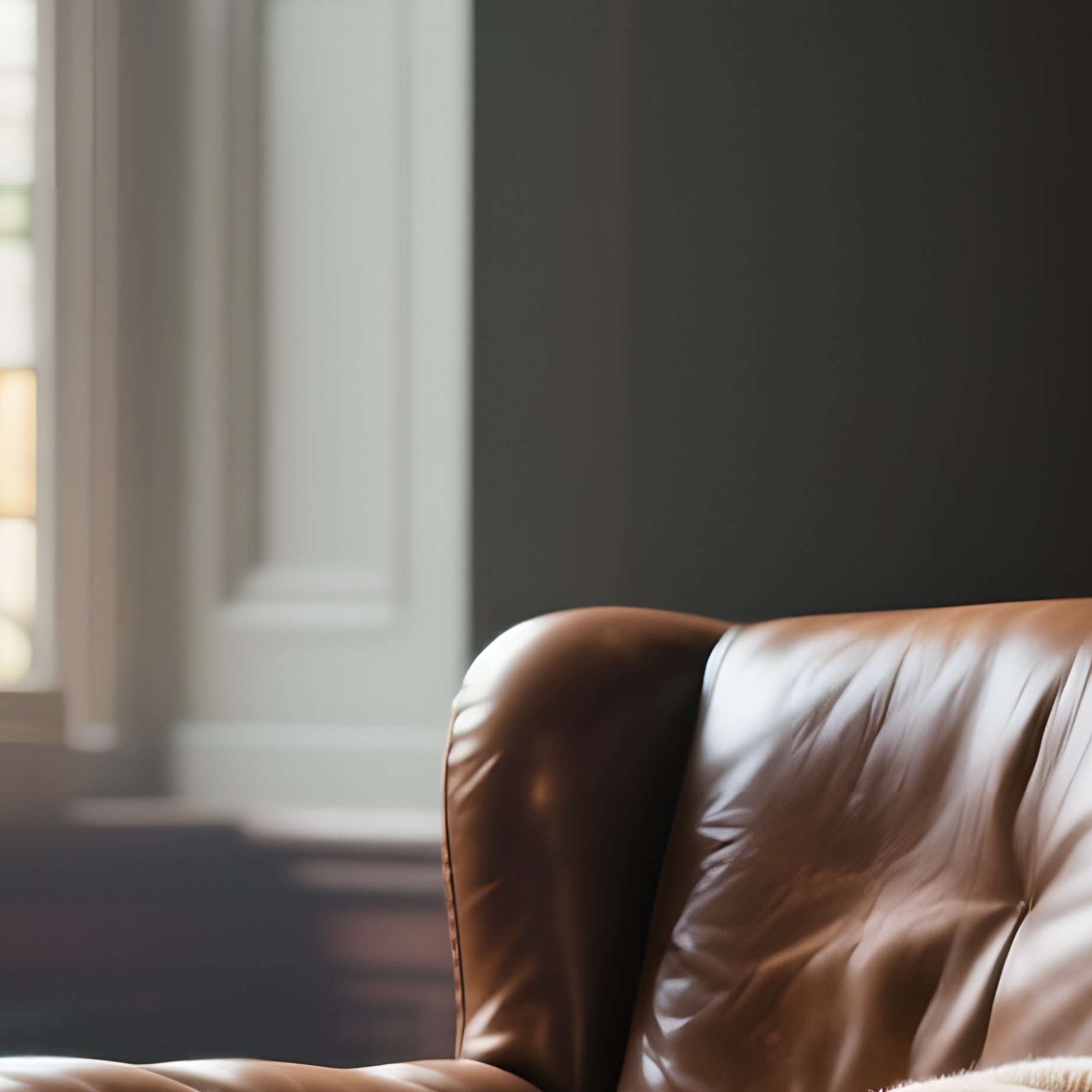 A Quiet Library Reading Nook, A Leather Armchair Positioned Beside A Tall Bookshelf, A Soft - Full Resolution Quality Preview