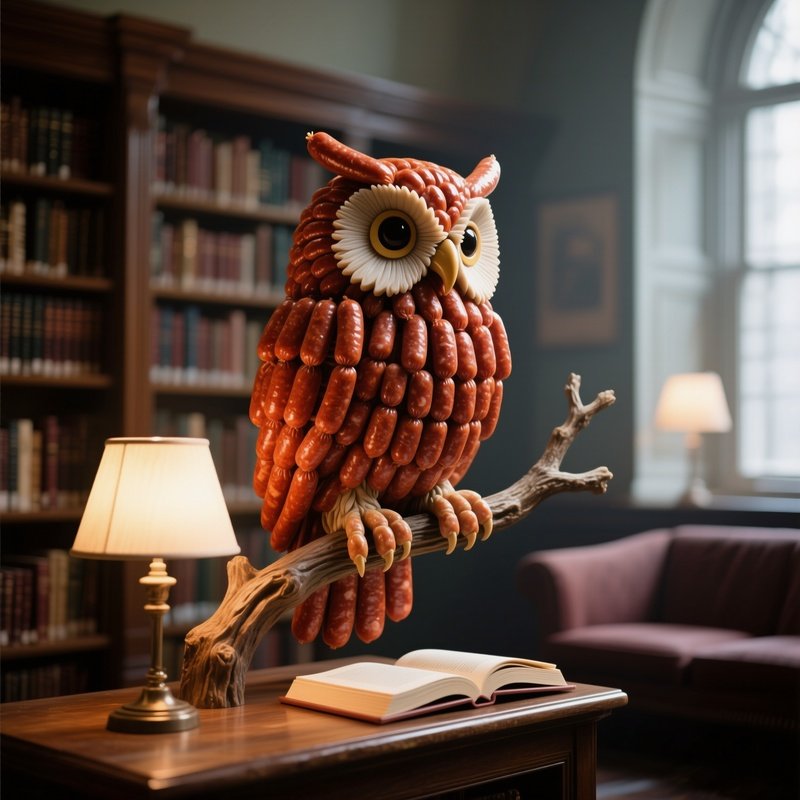 A Quiet Library Reading Nook Bathed In Soft Lamplight, Displaying A Realistic Owl Sculpture Perched