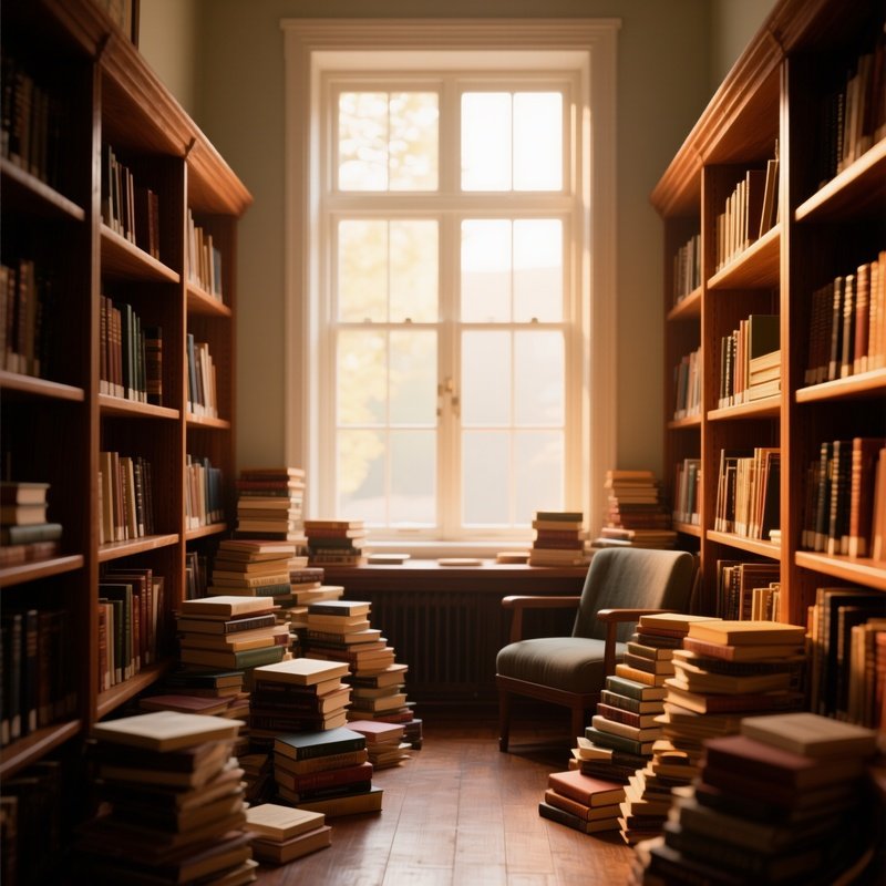 A Quiet Library Reading Nook By A Large Window, Soft Afternoon Light Casting Warm Amber Across