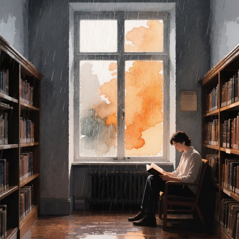 A Quiet Library Reading Nook By A Large Window, Rain Pattering Outside, Watercolor Warm Amber Light